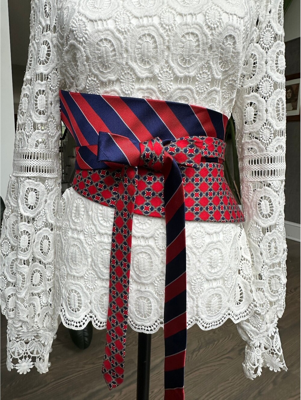 Upcycled Silk Corset Obi Waist Belt | OOAK | OS | Red Navy Gold